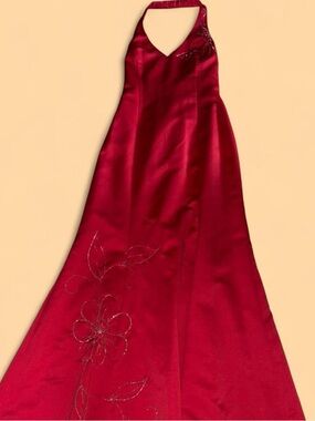Masquerade Crimson Halter Prom Gown with Floral Accents